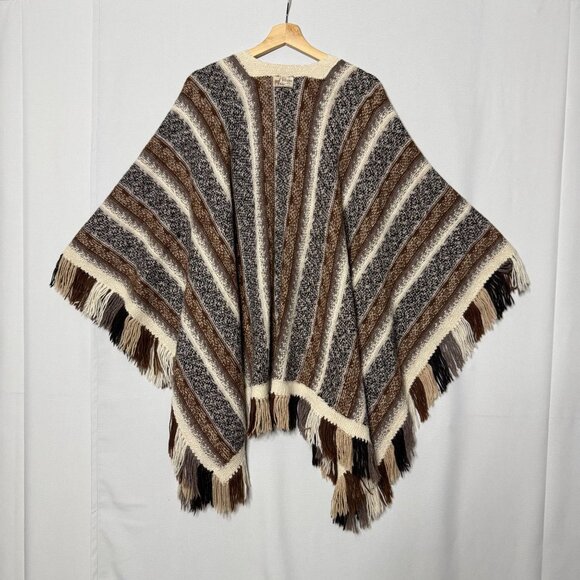 Fotrama 100% Alpaca Wool Brown Black Ivory Fringe Hem Knee Length Poncho Onesize - Picture 7 of 14